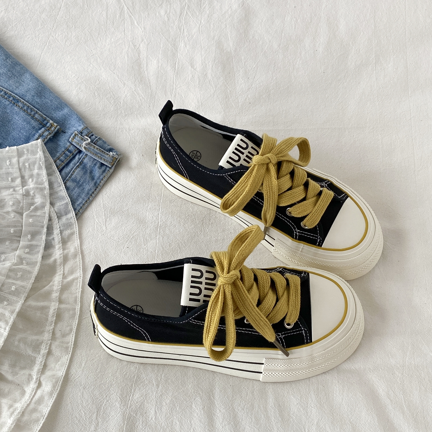 小众黑黄撞色帆布鞋厚底增高板鞋