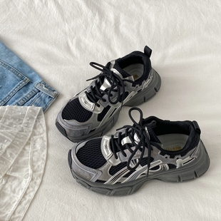 跑鞋 喜叔 ins潮显脚小透气休闲运动鞋 女款 复古港风厚底黑银老爹鞋