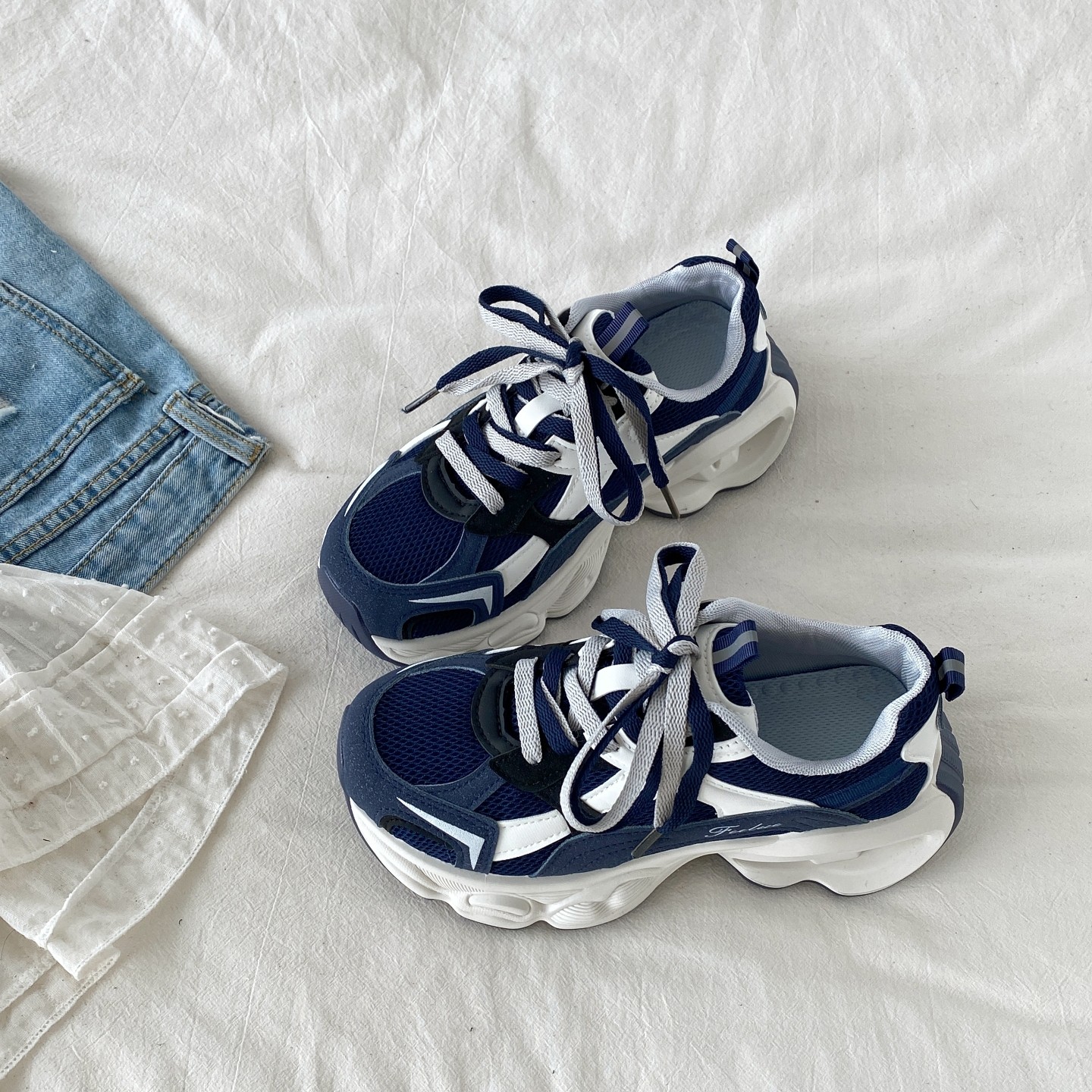 喜叔 藏青色小众厚底老爹鞋女ins潮网面透气运动鞋增高休闲旅游鞋,女鞋,老爹鞋,淘宝优惠券,粉丝福利购,淘宝优惠卷