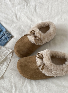 喜叔 毛绒蝴蝶结包头半拖鞋女外穿冬季保暖加绒勃肯鞋防滑棉拖鞋