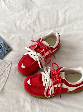 喜叔红色厚底网面透气运动鞋女2026新款春季复古休闲德训鞋阿甘鞋