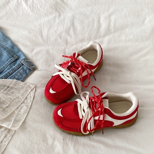 喜叔红色厚底网面透气运动鞋女2026新款春季复古休闲德训鞋阿甘鞋