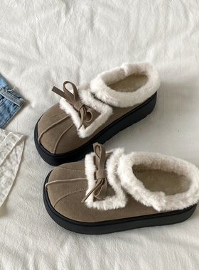 喜叔小众灰色蝴蝶结毛毛拖鞋女外穿秋冬保暖加绒包头半拖鞋棉拖鞋