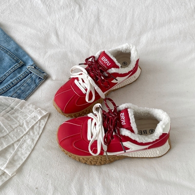 复古红色加绒运动休闲鞋二棉女鞋