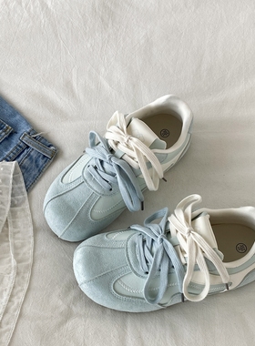 喜叔蓝色小众平底德训板鞋女款秋季百搭韩系休闲运动鞋软底阿甘鞋