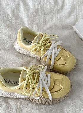 喜叔爆款黄色厚底运动休闲鞋女款2025春季新款德训板鞋小众阿甘鞋