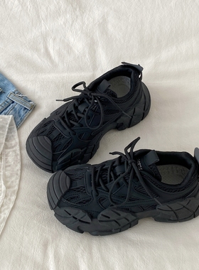 喜叔黑色小众厚底增高老爹鞋女2025新款秋季复古休闲运动鞋登山鞋