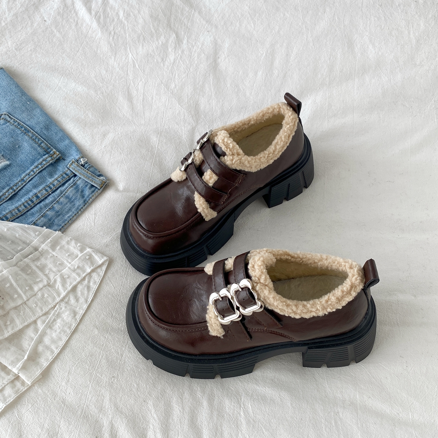 英伦风加绒乐福棉鞋粗跟玛丽珍鞋