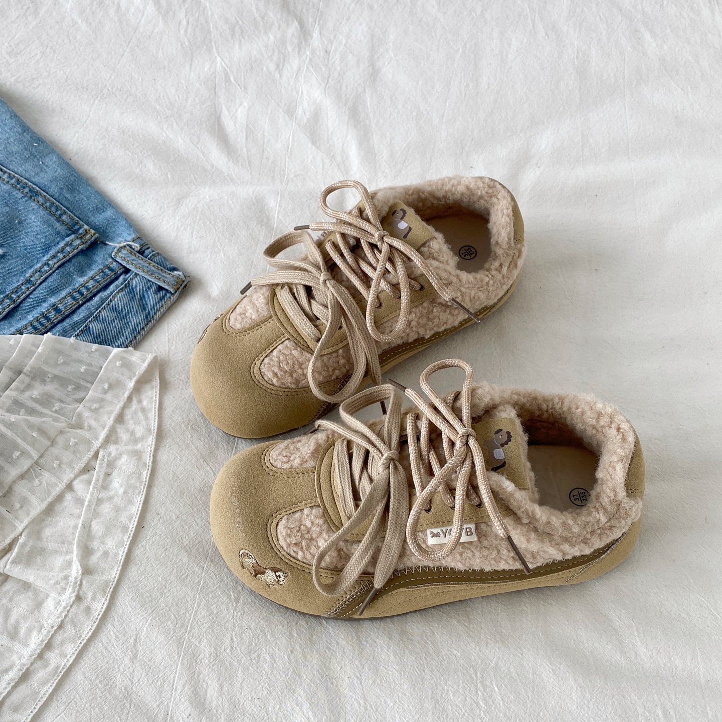 小众复古加绒德训鞋平底毛毛棉鞋