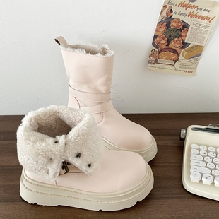 喜叔两穿厚底粉色雪地靴女款 保暖加绒短靴外穿防水皮面棉靴子 冬季