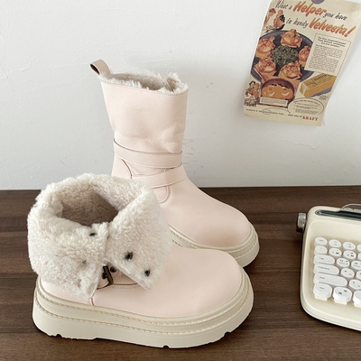 粉色皮面两穿厚底翻边雪地靴棉靴