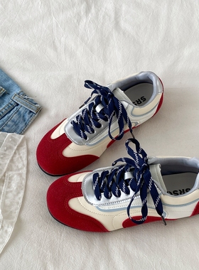 喜叔复古红色平底内增高德训鞋女款春秋百搭阿甘鞋休闲运动小白鞋