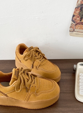 喜叔 美拉德复古黄色厚底板鞋女款ins超火增高休闲面包鞋运动鞋子