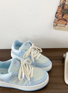 喜叔小清新蓝色厚底面包鞋女2025新款春季百搭板鞋学生休闲运动鞋