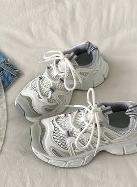 喜叔白色复古厚底运动鞋女2025新款秋季网面休闲老爹鞋户外登山鞋