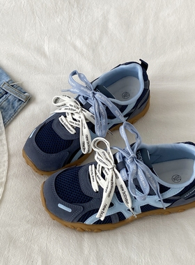 喜叔藏蓝色厚底德训鞋女款2025新款秋季透气休闲运动鞋复古阿甘鞋