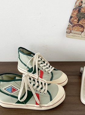喜叔 复古绿色高帮帆布鞋女款2025新款夏季薄款休闲板鞋爆款鞋子