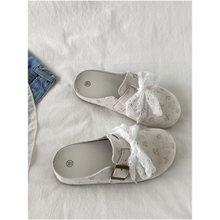 蕾丝碎花勃肯鞋 外穿包头半拖鞋 女款 夏季 配裙子凉拖 2025新款 喜叔