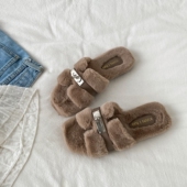 女款 外穿2025新款 秋冬时尚 喜叔小香风平底一字毛毛拖鞋 加绒棉拖鞋