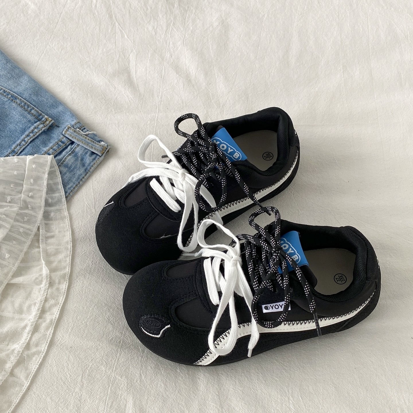 喜叔黑色小众百搭德训板鞋女2025秋季新款平底阿甘鞋运动休闲鞋子,女鞋,德训鞋,淘宝优惠券,粉丝福利购,淘宝优惠卷