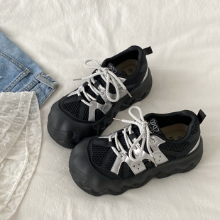 喜叔黑色小众设计感厚底面包鞋 春秋百搭丑萌大头运动鞋 老爹鞋 女款