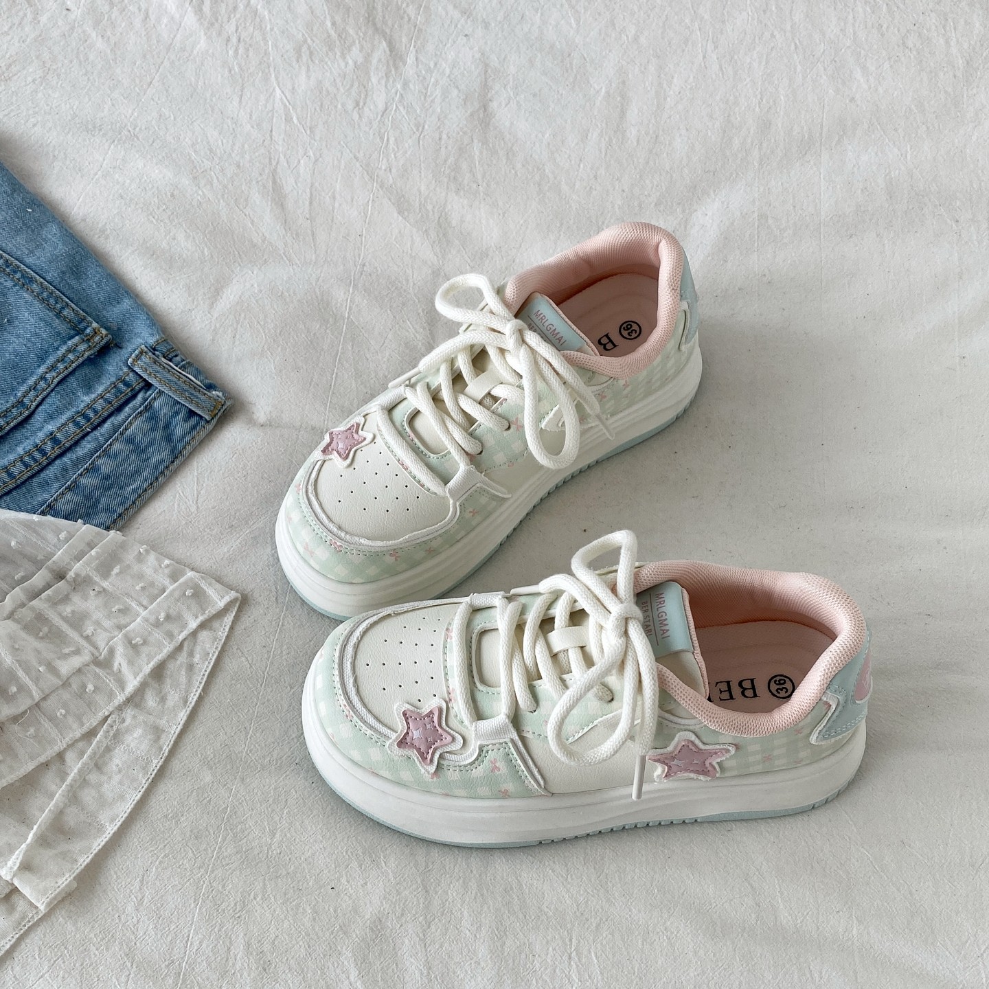 喜叔薄荷绿厚底星星板鞋女2026新款春季百搭小白鞋运动休闲面包鞋,女鞋,休闲板鞋,淘宝优惠券,粉丝福利购,淘宝优惠卷