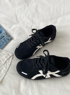 喜叔黑色加绒保暖德训鞋女款冬季百搭二棉鞋复古休闲运动鞋阿甘鞋