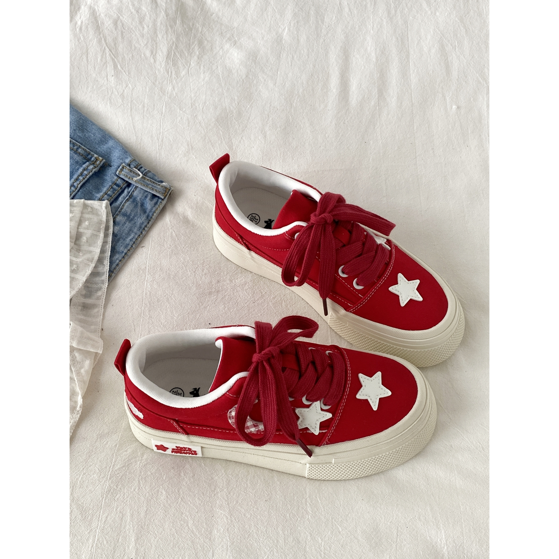 配裙子小众星月板鞋复古红色鞋子