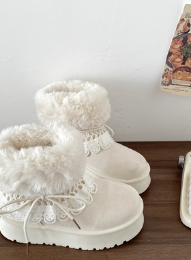 喜叔白色厚底费尔岛毛绒雪地靴女款冬季保暖加绒加厚棉鞋毛毛短靴