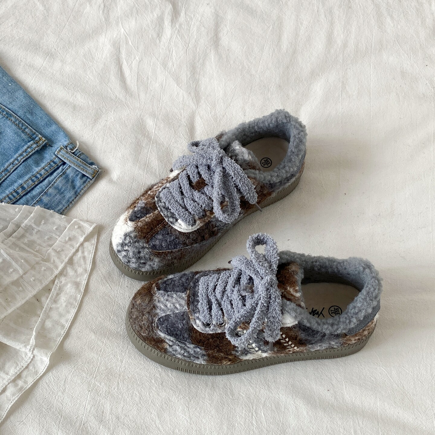 喜叔 复古蓝棕格纹加绒德训鞋女款ins潮冬季小众毛毛鞋保暖二棉鞋,女鞋,德训鞋,淘宝优惠券,粉丝福利购,淘宝优惠卷