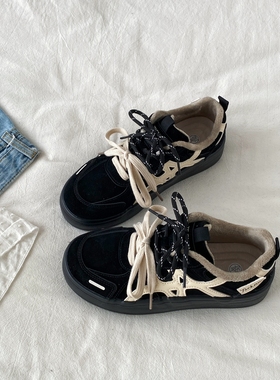 喜叔小众黑色加绒德训板鞋女2025冬季新款保暖棉鞋复古休闲运动鞋