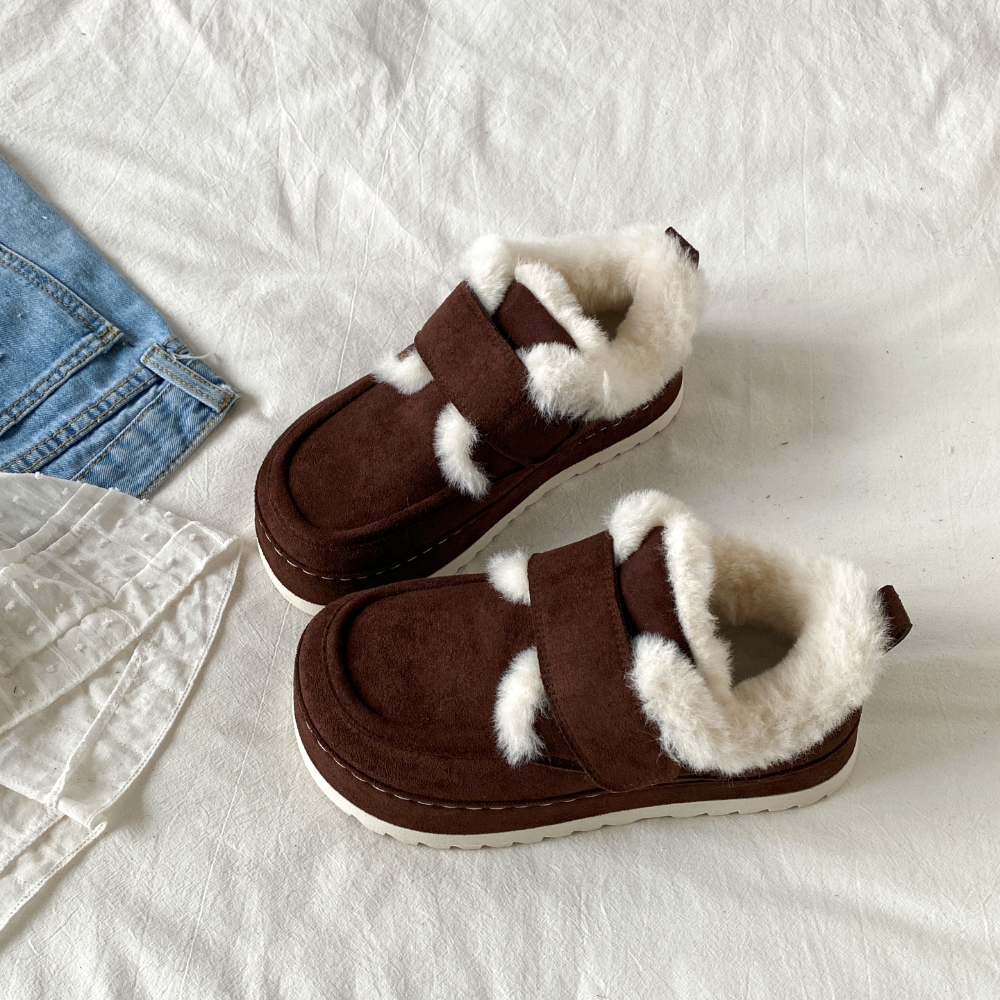 魔术贴丑萌棕色勃肯棉鞋毛毛鞋子