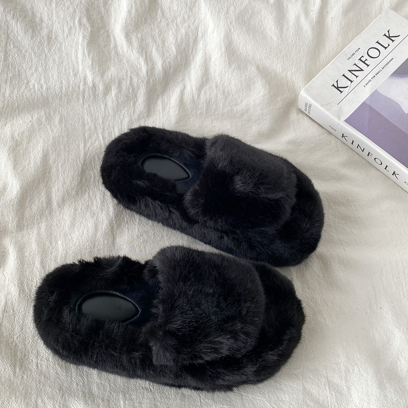 黑色厚底毛毛拖鞋防滑一字棉拖鞋