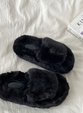 喜叔黑色厚底一字毛毛拖鞋女外穿2025秋冬新款毛绒室内居家棉拖鞋