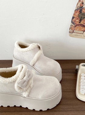 喜叔 白色厚底蝴蝶结勃肯棉鞋女款冬季加绒乐福毛毛鞋保暖雪地靴