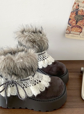 喜叔灰色厚底费尔岛雪地靴女款冬季小个子增高保暖棉靴子毛毛短靴
