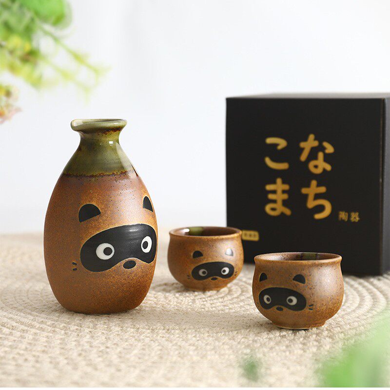 日本美浓烧 福狸浣熊手工酒具可爱家用白酒日式清酒套装温酒器Lr