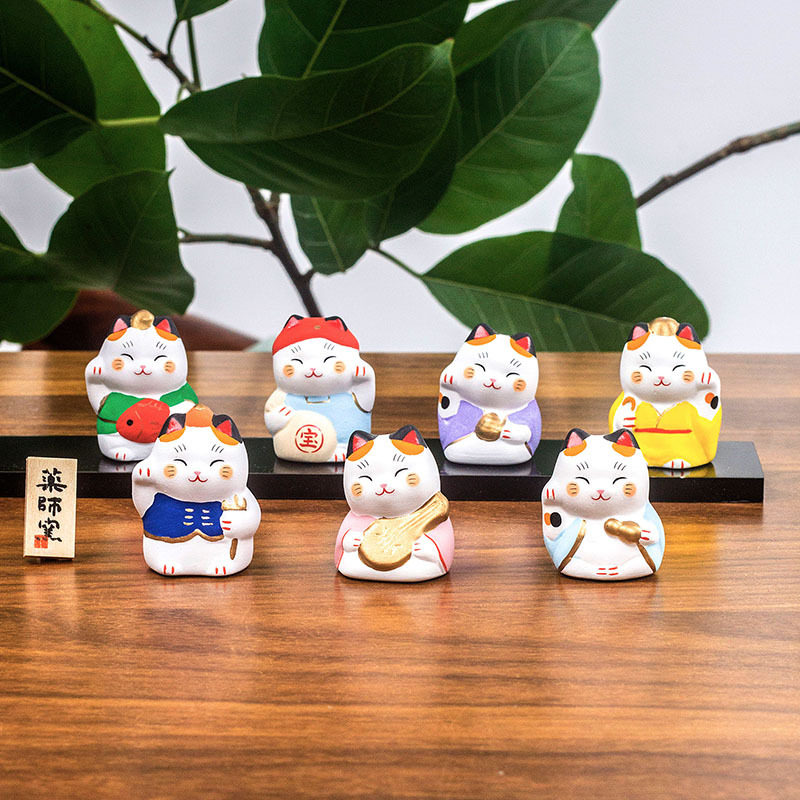 日本药师窑七福神招财猫摆件生日开业乔迁礼物车载桌面装饰摆件