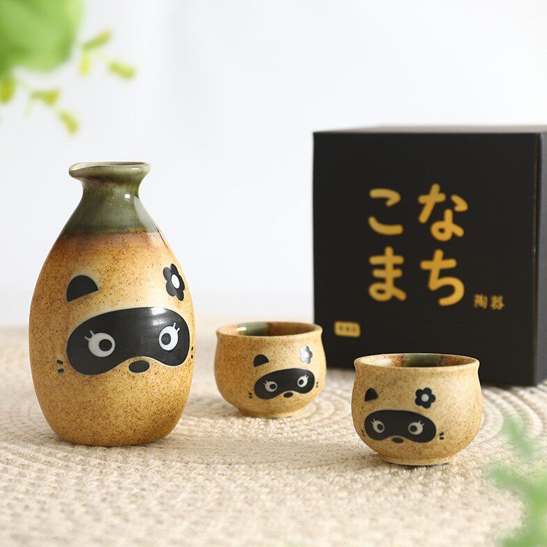 日本美浓烧 福狸浣熊手工酒具可爱家用白酒日式清酒套装温酒器Lr