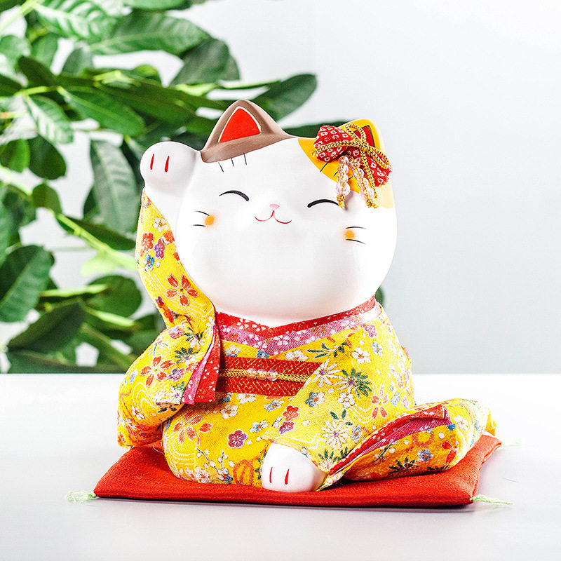 日本药师窑锦彩和服招财猫大号陶招财猫