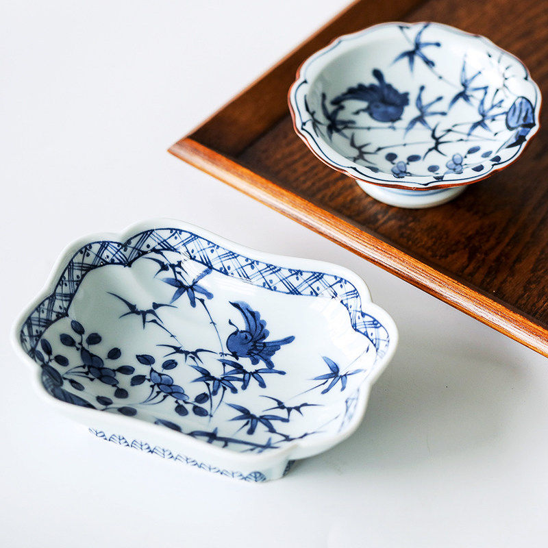 日本复古青花雀鸟陶瓷碟子 和风手绘调味碟甜品盘日式餐具波佐见