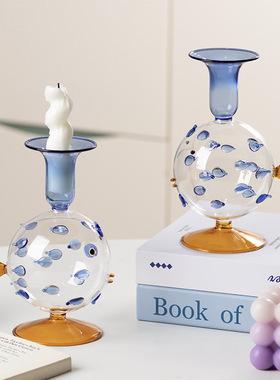 SHPIN CQ创意高硼硅玻璃萌趣河豚造型烛台摆件民宿家居装饰烛台