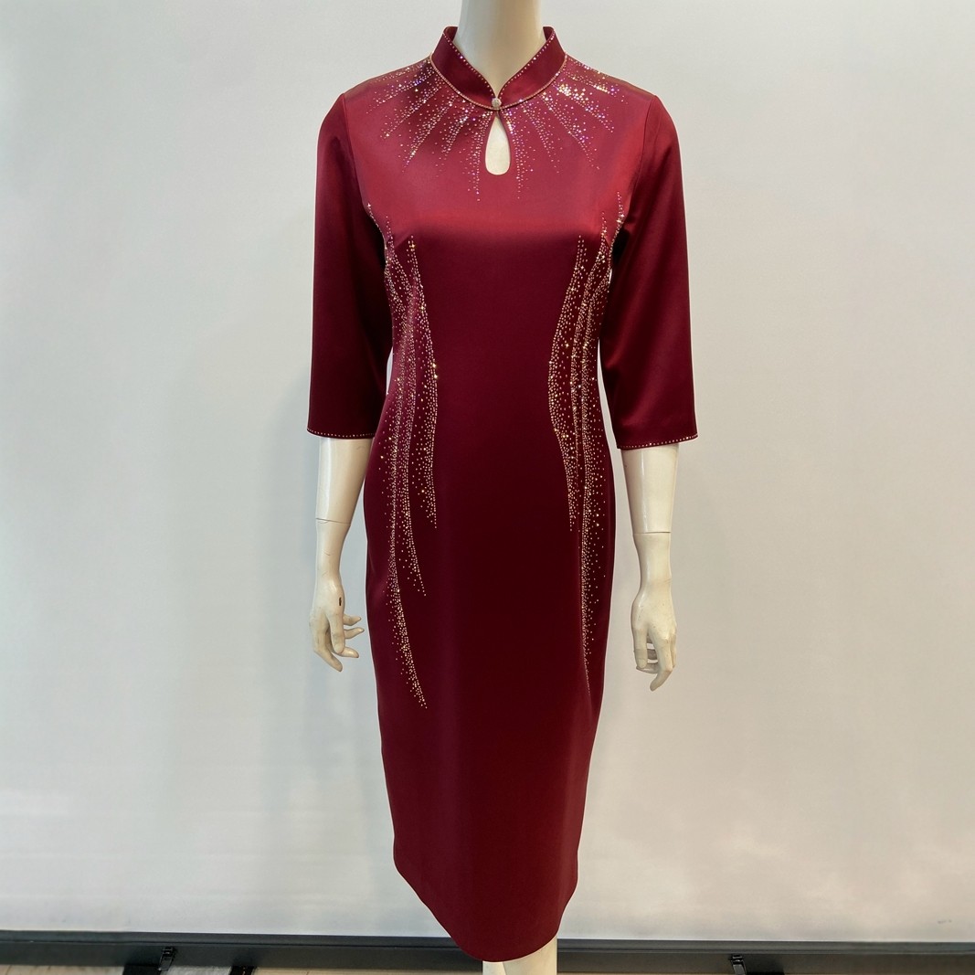 敬酒礼服喜婆婆裙夏装醋酸缎连衣裙新中式喜妈妈重磅烫钻婚礼旗袍