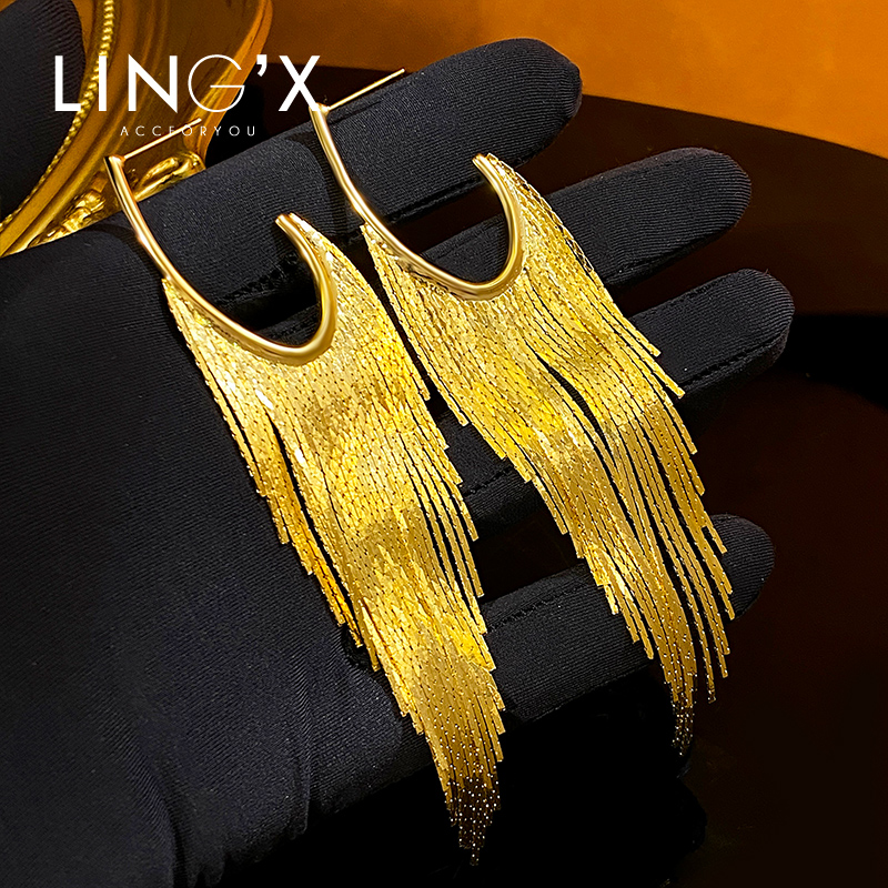 玲秀夸张镀金女银针超长流苏耳环