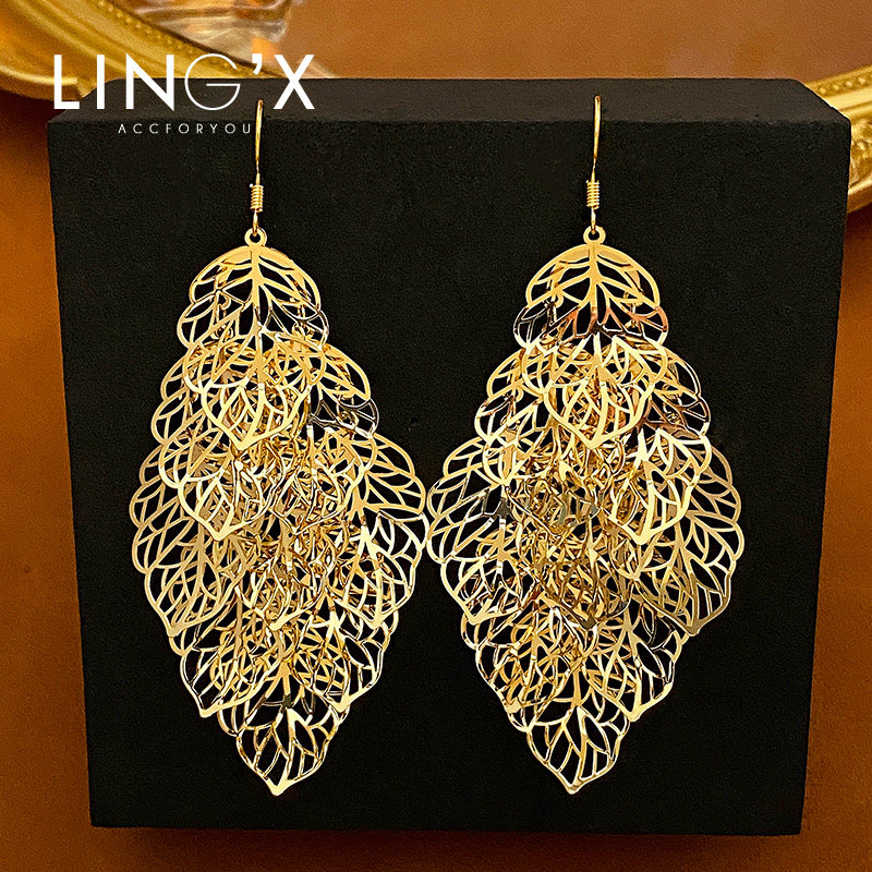 欧美个性夸张高级感镂空树叶耳环女2024新款轻奢设计师感银针耳钉
