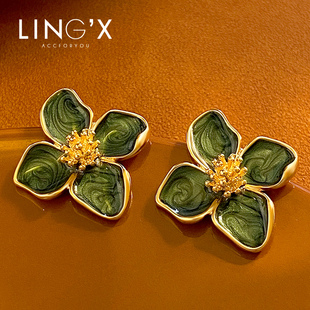 玲秀设计感花朵滴釉立体耳环2024新款 耳钉欧美气质大气耳饰女 爆款