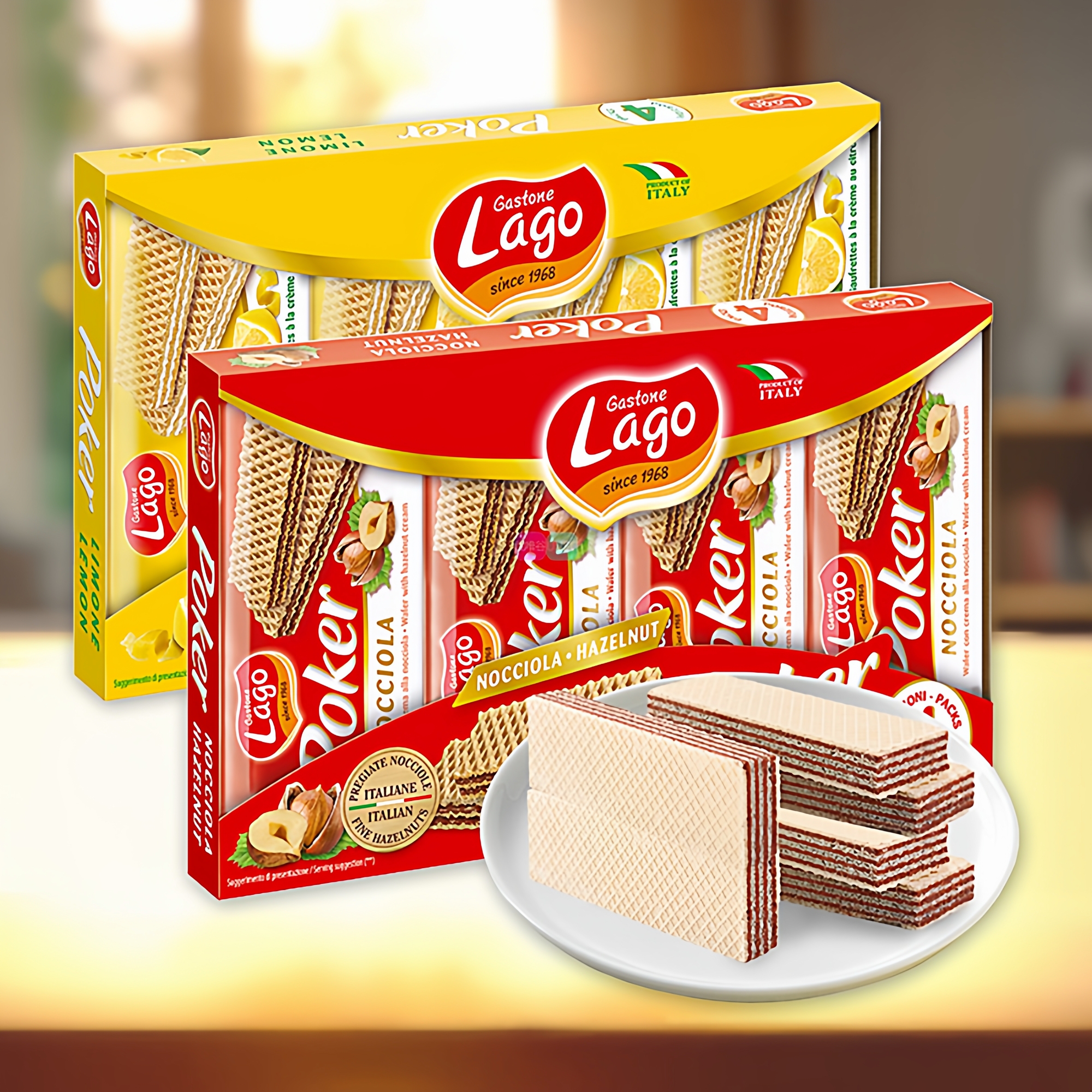 意大利原装进口零食LAGO Poker爱利地威化饼干榛子柠檬味盒装180g