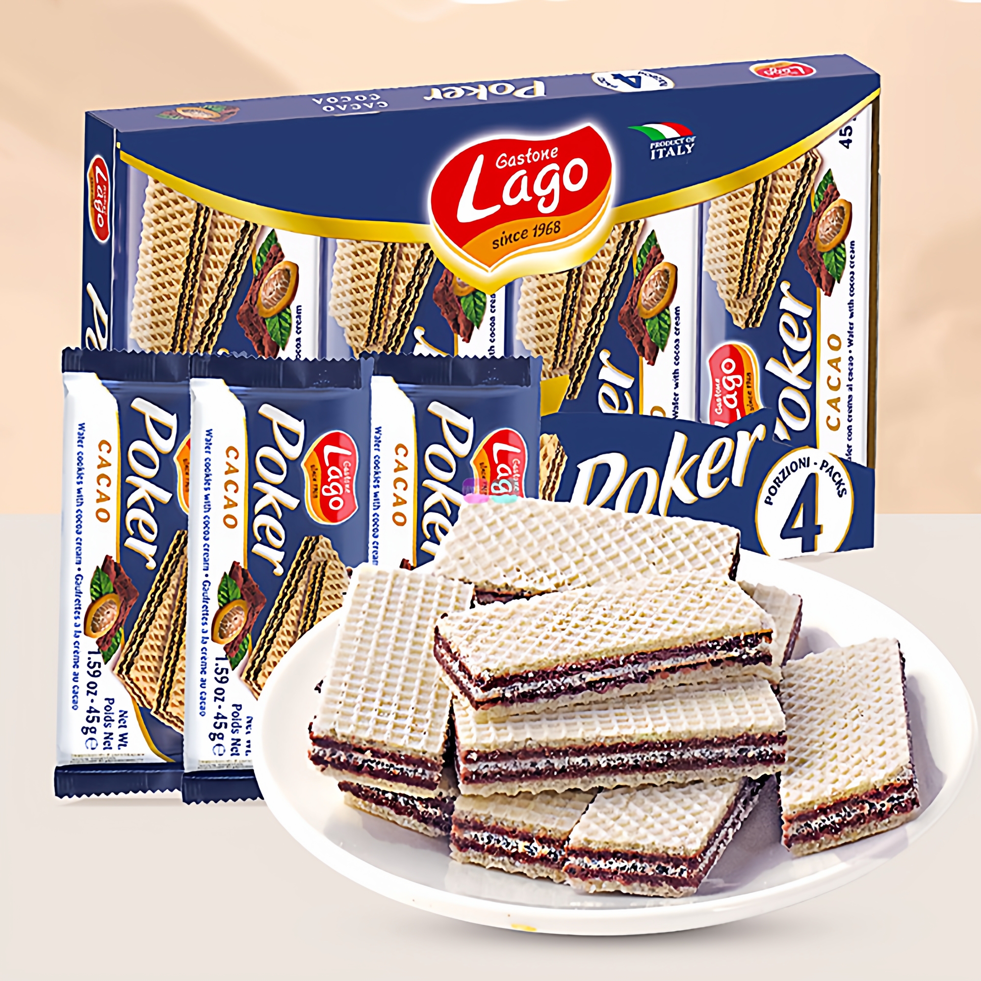 意大利原装进口零食LAGO Poker爱利地威化饼干香草可可味盒装180g