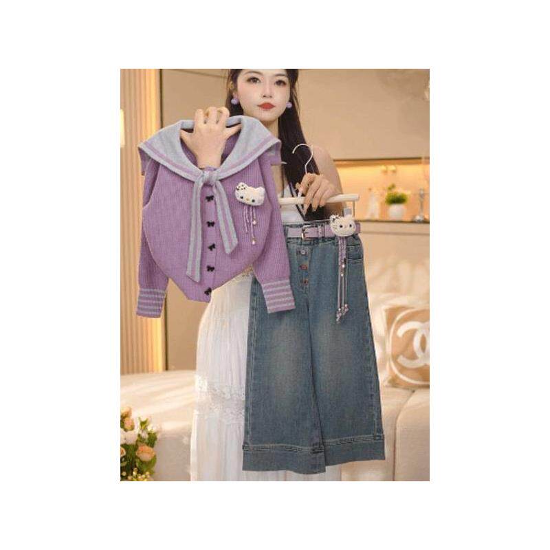 女童毛衣针织开衫牛仔裤套装2025秋季新款百搭长袖上衣外套两件套