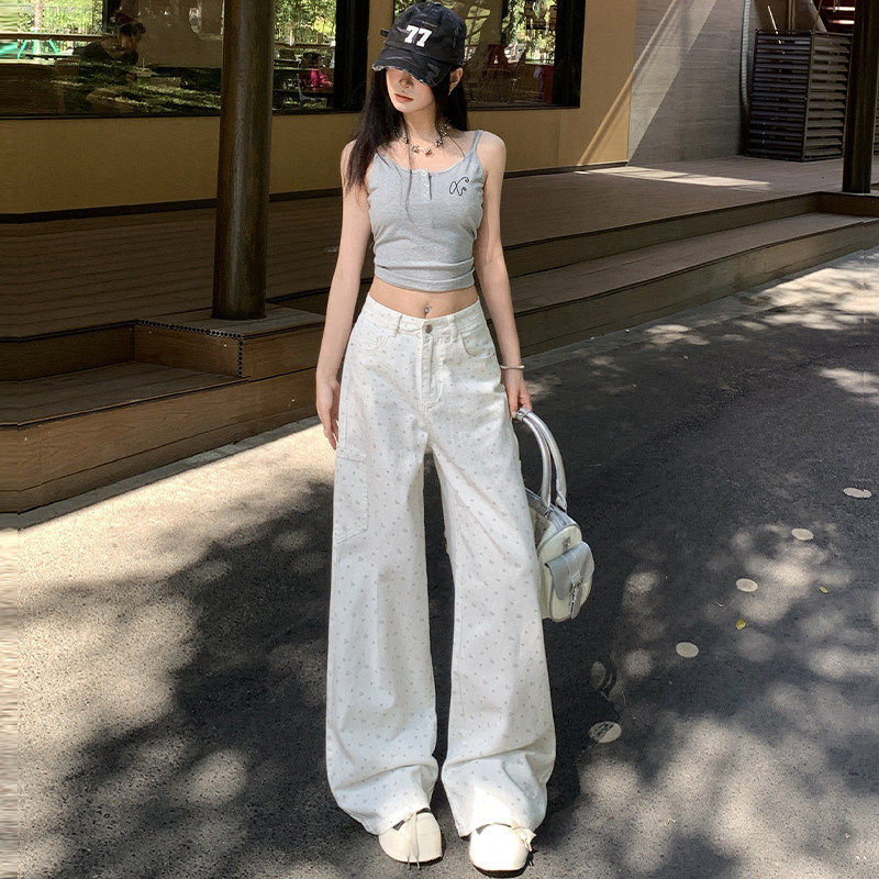 美式白色碎花阔腿牛仔裤女2026春季新款宽松休闲百搭直筒工装裤子